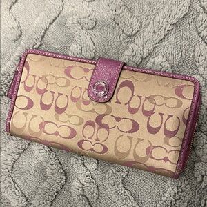Coach Signature print wallet in purple and tan
